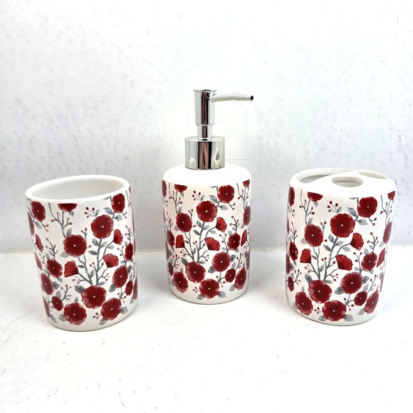 Other - Modern Boho Ceramic Bathroom Accessories 3-Piece Set Red Floral Soap Dispenser